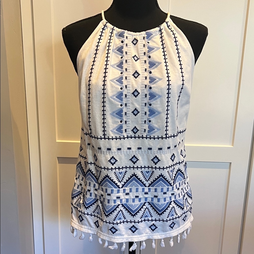 Blue and White Embroidered Women's Halter Top Size Small